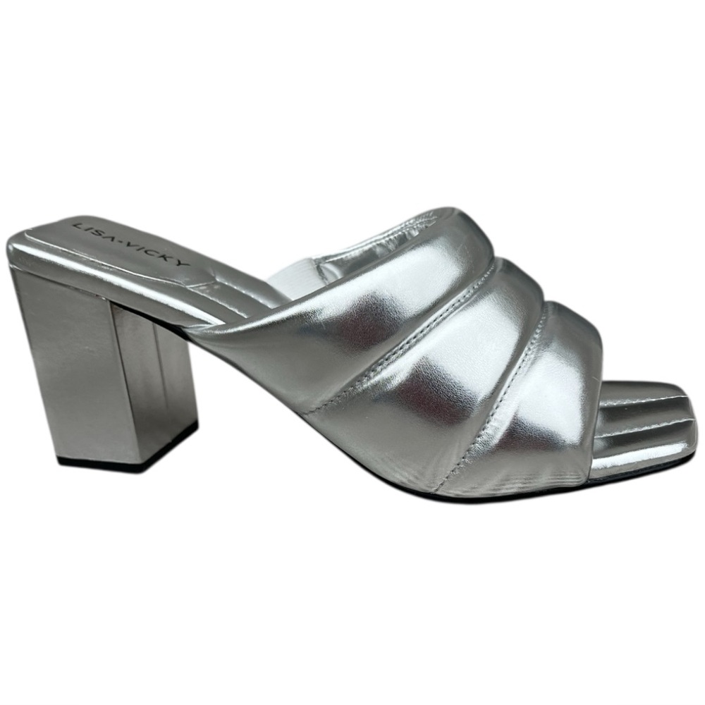 Lisa Vicky Silver Metallic "Very Vicky" Cushion Women's Size 9M Mules Block Heel